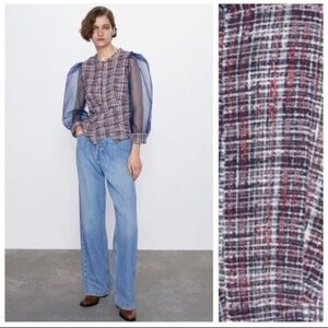 Zara blue red tweed blouse with organza puff